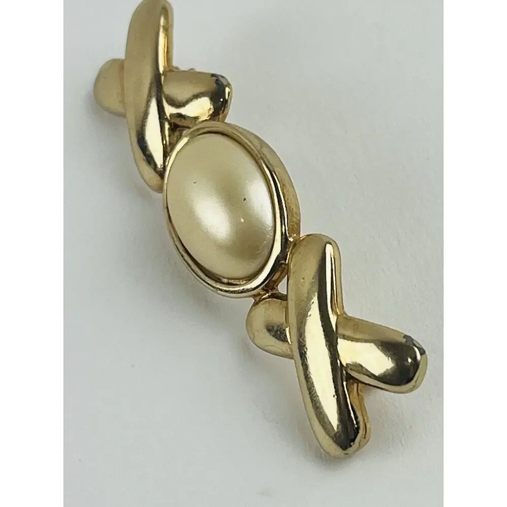 Vintage CAROLEE Brooch Gold Tone Cabochon Pearl Pin XO Faux Twist Criss Cross ex